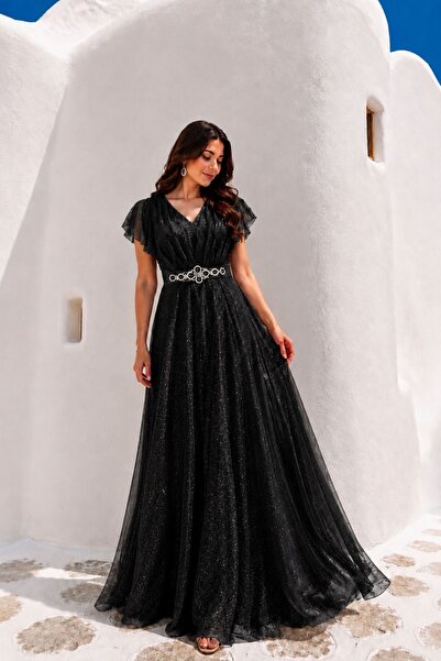 HİRAMİR Kadın Büyük Beden Taş Kemer Detaylı Abiye Elbise YZ2738