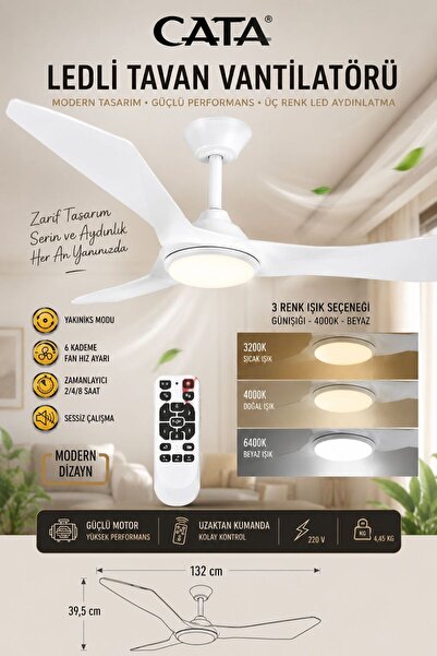 Cata CT-3000 3 RENK LED IŞIKLI, SESSİZ, KUMANDALI TAVAN VANTİLATÖRÜ