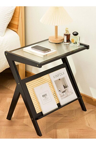 sharpdo Side Table with Glass Top and Rattan Style Shelf Modern Bedside Table...