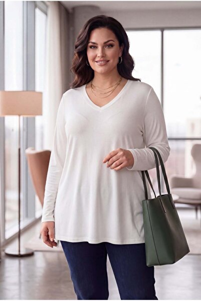RMG Plus Size V-Neck Long Sleeve T-Shirt with Side Slits Ecru