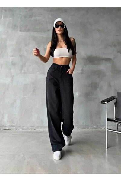 Lighter Jeans Γυναικείο μαύρο ελαστικό παντελόνι τζιν Palazzo με φαρδιά μπατζ...