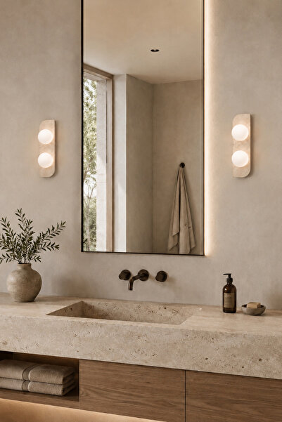 Baz Aydınlatma Tor Dual Travertine Opal Glass Double Wall Sconce G9 Bulb Included Modern Natural Stone Lamp