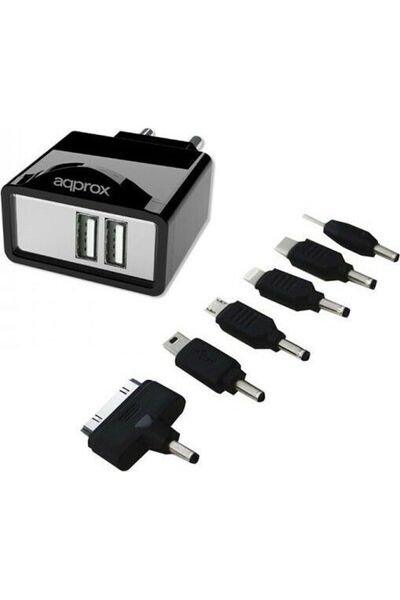 APPROX Φορτιστής χωρίς καλώδιο με 2 θύρες USB-A, Μαύρο (APPUSBWALL21B & 6 ακρ...