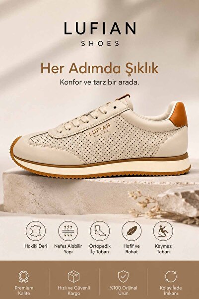 Lufian Men's Leather Sneaker Beige Casual Sports Shoes Lightweight Comfortabl...