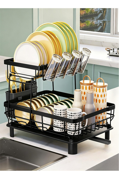 Pomefar 2-Tier Dish Drying Rackwith Drainboard, Rustproof Utensil Holder with...