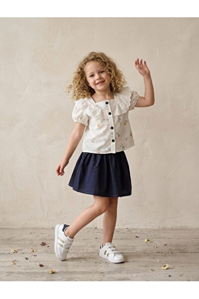 Generic Brand Girl's Floral Embroidered Scallop Detailed Blouse and Navy Blue...