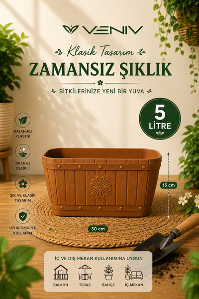 VENİV Dekoratif Antik Oval Ahşap Görünlü Saksı 5 Litre 1 Adet