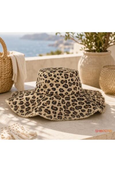 SHOPIENS Pălărie de damă bej cu imprimeu leopard, din bumbac, cu bor larg, ma...