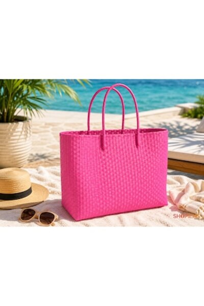 SHOPIENS Geantă tote XXL împletită, fucsia, pentru plajă, cumpărături, vacanț...