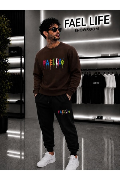 FAEL LİFE Unisex Wide Cut Zero Neck and Sweatpants Colorful Printed Set