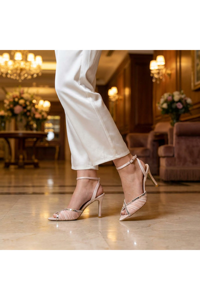 Letafia Lumina Mirrored Stone Detailed Glittery Satin Pleated Heeled Shoes