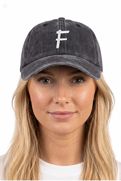 ŞapkaMania Black Embroidered Washable Vintage Unisex Hat with Letter F