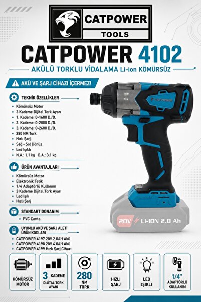 Cat Power Catpower 4102 20V Akülü Torklu Vidalama Li-İon Kömürsüz (Aküsüz)