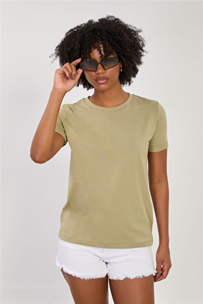 BARRELS AND OIL Women's crew neck double sleeve basic t-shirt - khaki