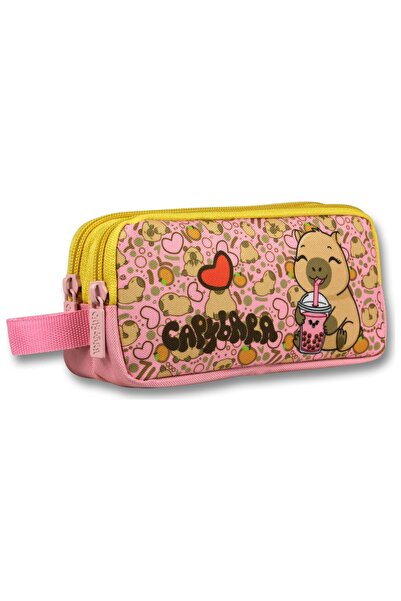 capybara Two-Compartment Happy Printed Pink - Yellow Girls' Pencil Bag - 6208