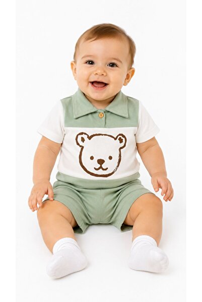 Oz Baby Baby Boy Cotton Polo Collar Teddy Bear Printed Shorts Summer Set 2-Pi...
