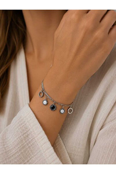 Miore takı Valmont Steel Black and White Dangle Women's Bracelet – Silver Col...