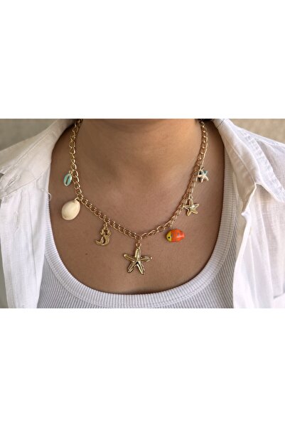 Home Deniz Temalı Gold Charm Kolye Yıldız Balığı Deniz Kabuğu Balık Figürlü Z...