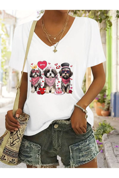 Deocept Women's Dog Printed V-Neck Sleeved Regular Fit Comfortable T-Shirt