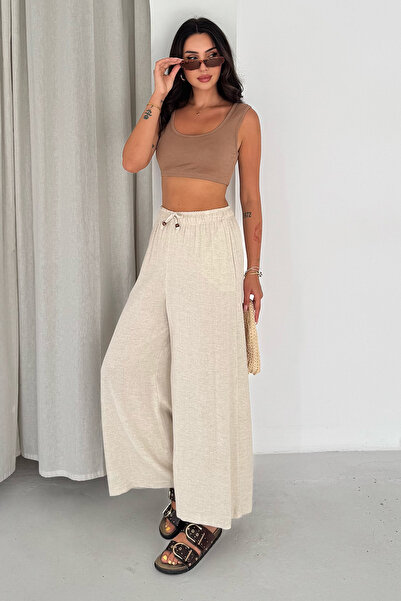 Noa&Noa Women's Elastic Waist Lace-Up Wide-Leg Linen Look Palazzo Trousers