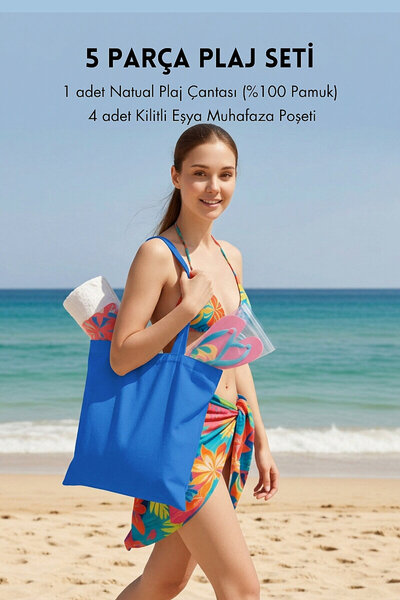 Bimotif 5 parça Plaj Seti, Koyu Mavi Plaj Çantası (36x39 cm, %100 Pamuk) ve 4...