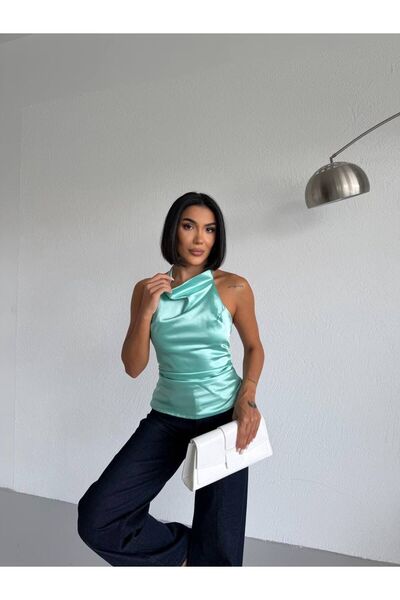KN Fashion Saten bluz, halter yaka bluz, slim fit bluz, kadın bluz, davet blu...