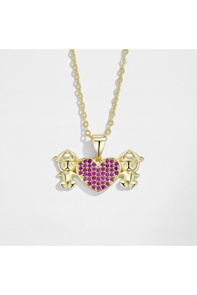 SaraQabi Gold-Plated Cute Twins Necklace with Pink Heart Pendant – Non-Tarnis...