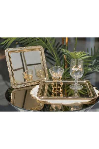 Elta Collection 1 Kişilik Gold Kahve Sunum Seti - Çelik Tepsi, Cam Lokumluk v...