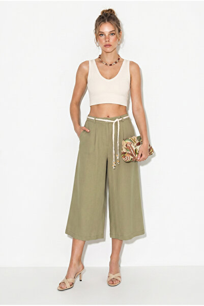 Bianco Lucci Women's Lined Linen Pocket Belt Detailed Wide Leg Culotte Trouse...