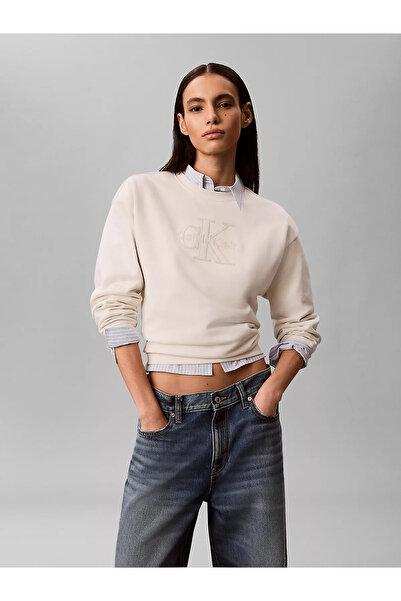 Calvin Klein Women's Relaxed Fit Ck Logo Embroidered Round Neck Long Sleeve E...