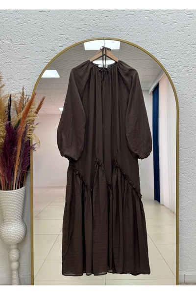 MİHRA STORE Günseli Six Ruffle Voile Dress-Ün5046 Brown