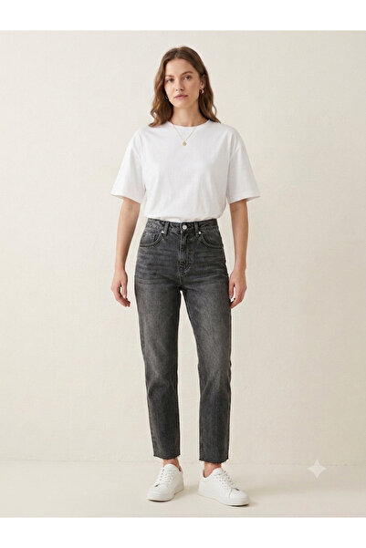 moda rüyası Women's High Waist Smoked Washed Mom Fit Jean Pants Casual Comfor...