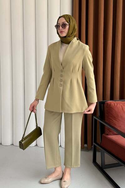 Modaensarbutik Ön Ve Arka Çift Pensli Yakasız Ceket-ÇAĞLA YEŞİLİ