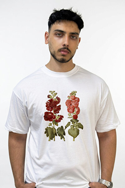 Anetos Hollyhock Design Printed Oversize White T-Shirt