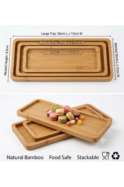 Elifim AVM Polmak 3-Piece Natural Bamboo Wood Serving Tray Set - Long Rectangular Coffee and Catering Tray (Pm-510)