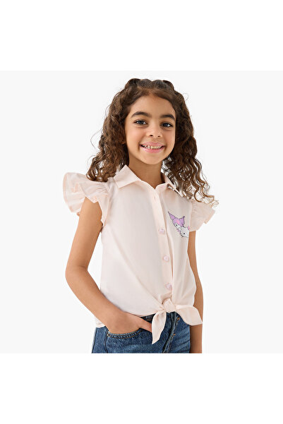SANRIO Collared Ruffle Cap Sleeves Shirt with Hello Kitty and Friends Print