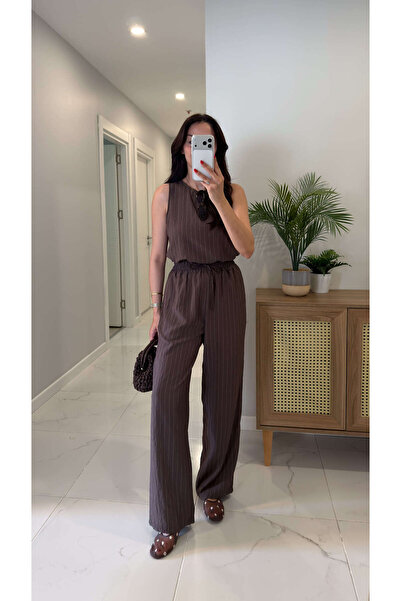 BİRCANÇİL Md Vude Coffee Striped Sleeveless Blouse Pants Set