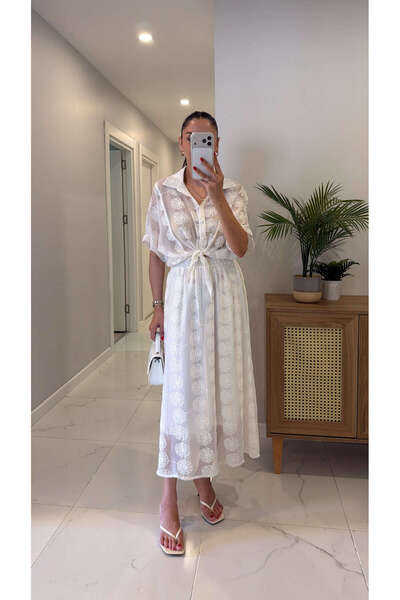 BİRCANÇİL Parex Ecru Embroidered Detailed Shirt Skirt Set