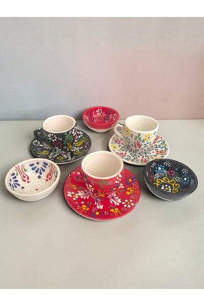 Artistic Quality Decorative 3-Person Tulip Design Fully Handmade Coffee Cup Set and Snack Bowl-Sauce Bowl