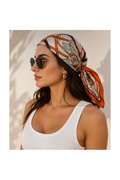 elden co Kemer Desenli Turuncu Saten Fular / Bandana / Saç Aksesuarı 45x45 cm