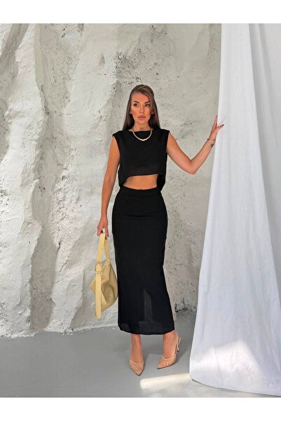 MADAME MELEK Premium Woven Fabric Crop Blouse and Midi Skirt Two-Piece Set