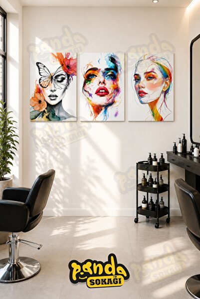 PANDA SOKAĞI Modern Renkli Kadın Portre 3'lü Ahşap UV Baskı Tablo Seti 30x42 ...