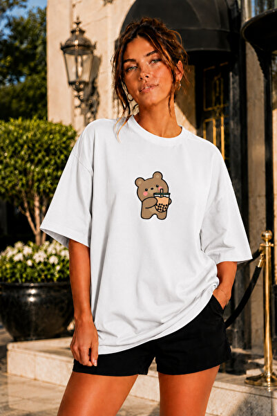 FECCY Premium Coffee Drinking Bear Printed Theme Unisex Oversize Women's T-Sh...