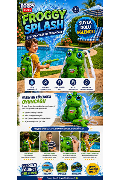 LORELLİ Froggy Splash Kurbağa Sırt Çantalı Su Tabancası 1 Litre 3+ Yaş Yazlık Çocuk Havuz ve Bahçe Oyuncağı