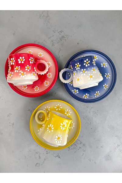 Artistic Quality Decorative Daisy Embroidered Colorful Tea-Coffee Cup 6 Pieces