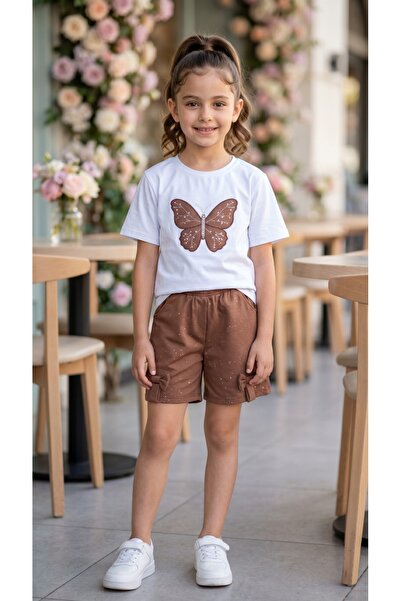 trikomode Round Neck Summer Print Stone Detailed Capri Girls' Top and Bottom Set