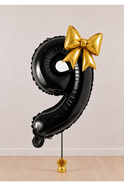 Balonsan -9- Age Black Number Gold Bow Foil Balloon Set