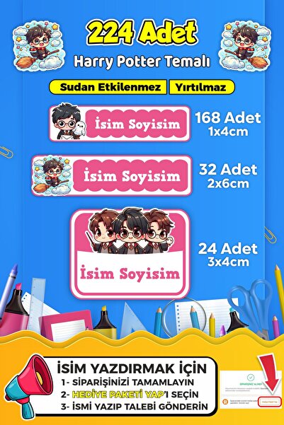 SB store Okul Kreş Kişiye Özel isim Etiket Seti Harry Potter Temalı - Model 724