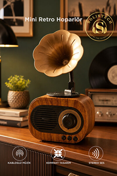Solistech B 5 Nostalji Gramafon Plak görünümlü retro bluetooth radyo hoparlör USB Player TF Card Destekli