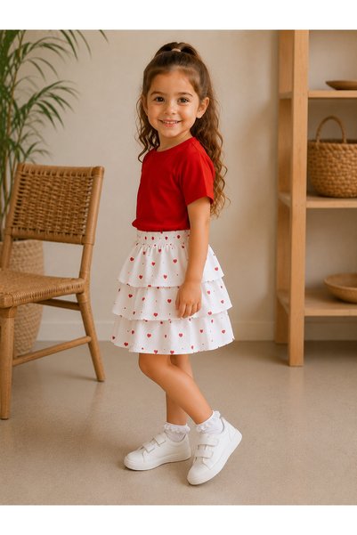 BAHNUR Baby Girl Muslin Set: Red T-shirt and White Heart Patterned Layered Skirt, Summer Two-Piece Combination, Comfortable and Stylish Cotton Baby and Children's Clothing.